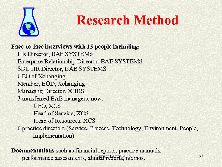 Research Method Face-to-face interviews with 15 people including: HR Director, BAE SYSTEMS Enterprise Relationship