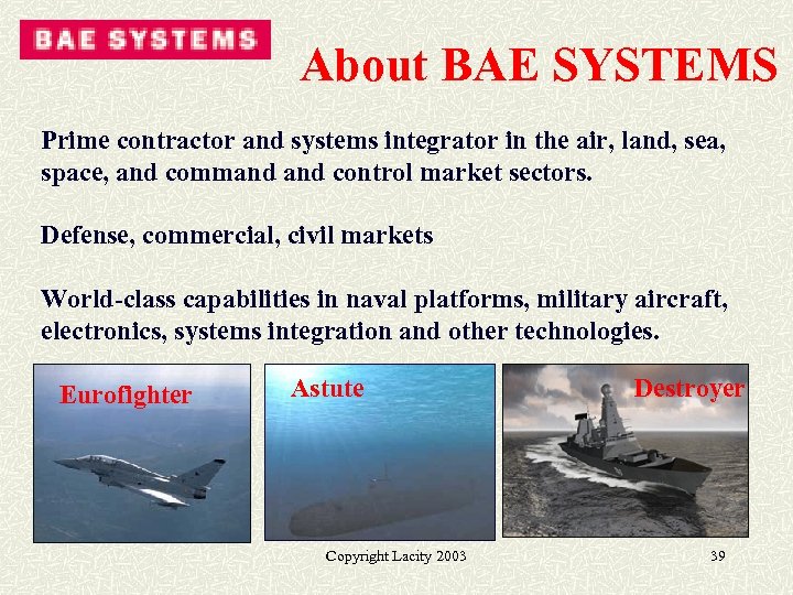 About BAE SYSTEMS Prime contractor and systems integrator in the air, land, sea, space,