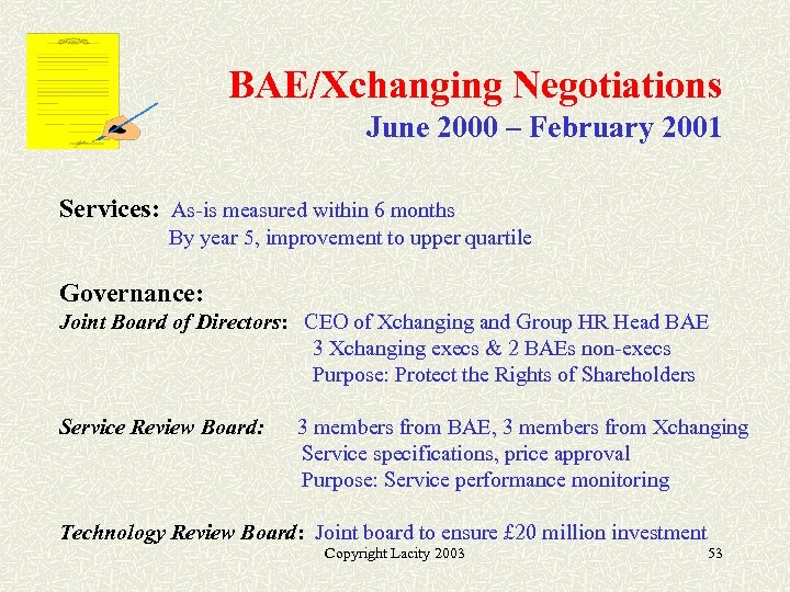 BAE/Xchanging Negotiations June 2000 – February 2001 Services: As-is measured within 6 months By