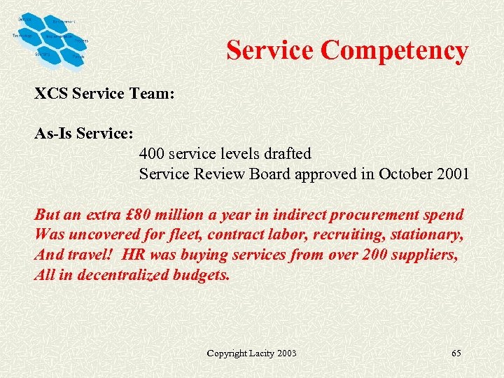 Service Competency XCS Service Team: As-Is Service: 400 service levels drafted Service Review Board