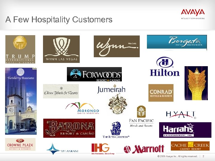 A Few Hospitality Customers © 2009 Avaya Inc. All rights reserved. 2 