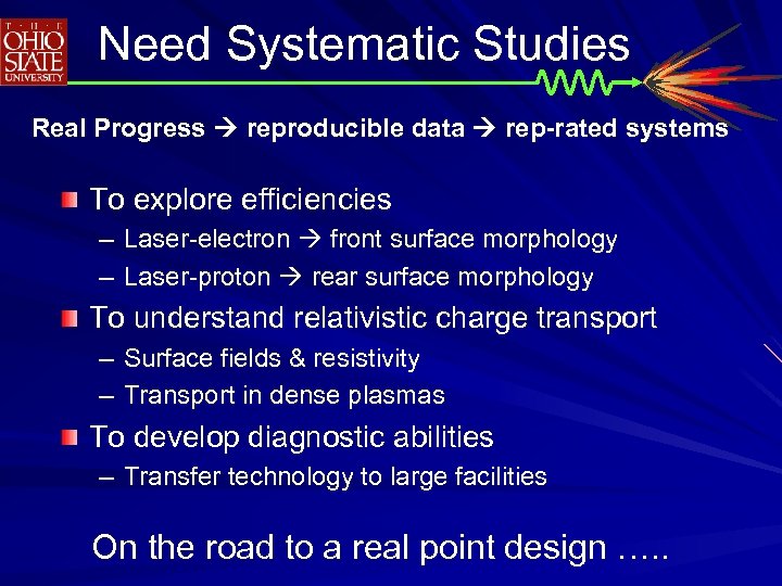 Need Systematic Studies Real Progress reproducible data rep-rated systems To explore efficiencies – Laser-electron