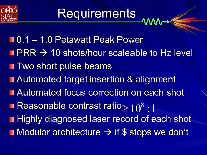 Requirements 0. 1 – 1. 0 Petawatt Peak Power PRR 10 shots/hour scaleable to