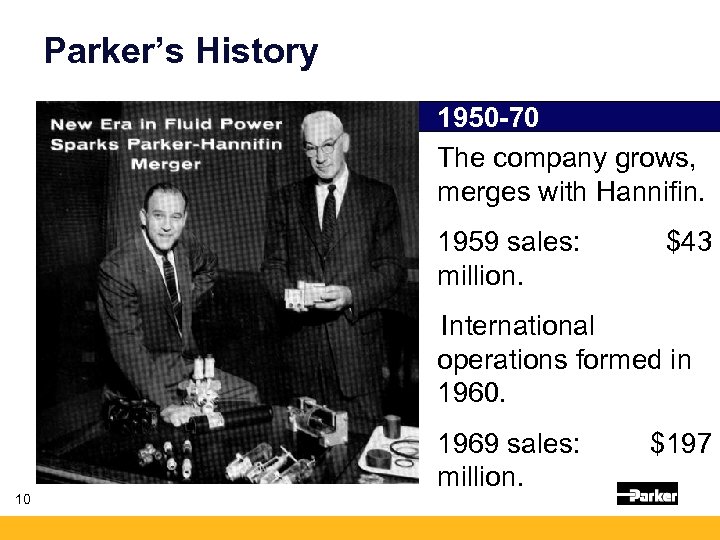 Parker’s History 1950 -70 The company grows, merges with Hannifin. 1959 sales: million. $43