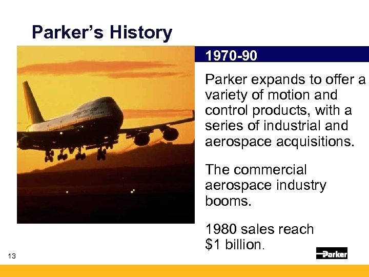 Parker’s History 1970 -90 Parker expands to offer a variety of motion and control