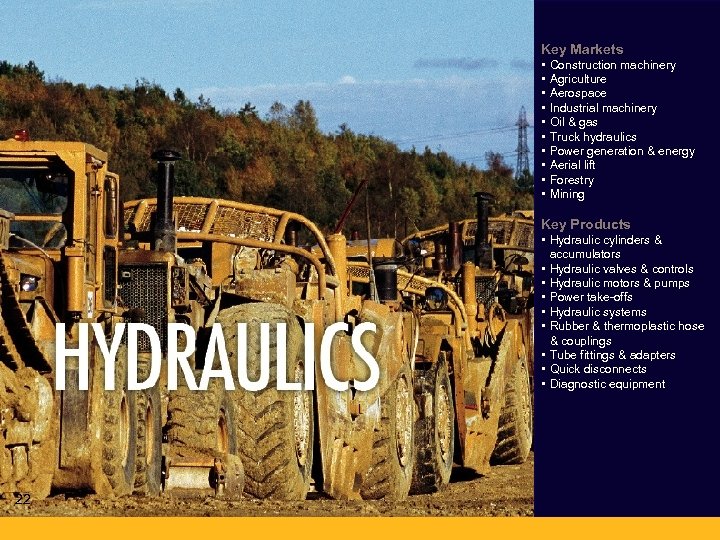 Key Markets • • • Construction machinery Agriculture Aerospace Industrial machinery Oil & gas