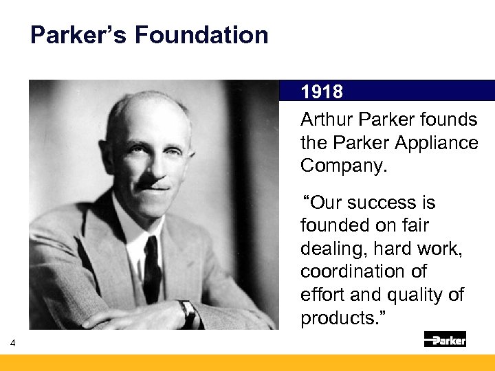 Parker’s Foundation 1918 Arthur Parker founds the Parker Appliance Company. “Our success is founded