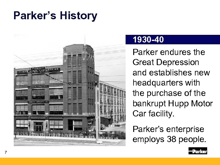 Parker’s History 1930 -40 Parker endures the Great Depression and establishes new headquarters with