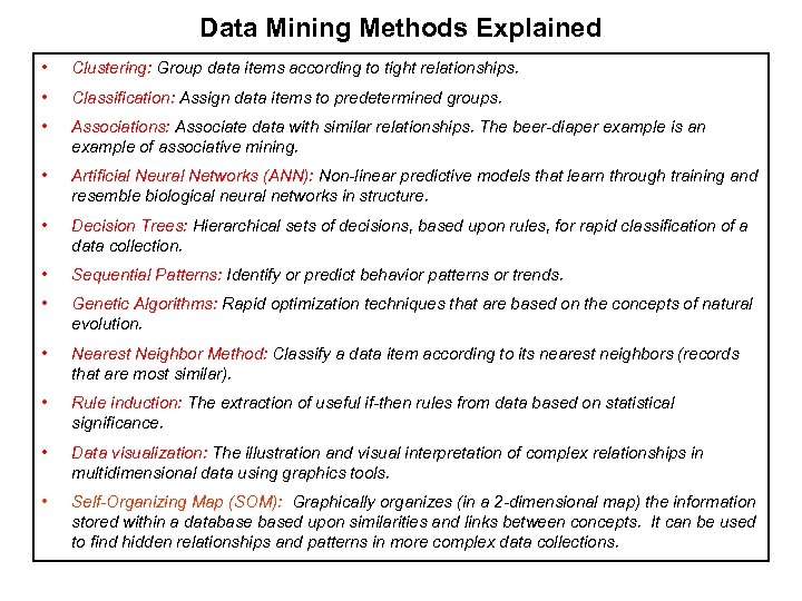 Data Mining Methods Explained • Clustering: Group data items according to tight relationships. •