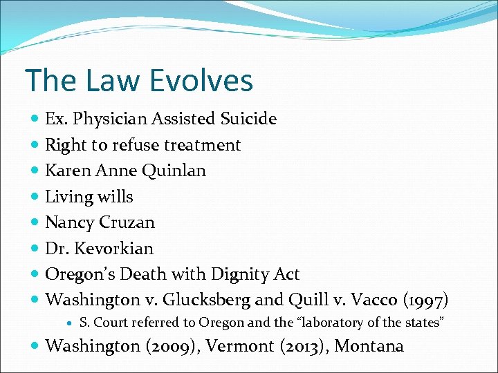 The Law Evolves Ex. Physician Assisted Suicide Right to refuse treatment Karen Anne Quinlan