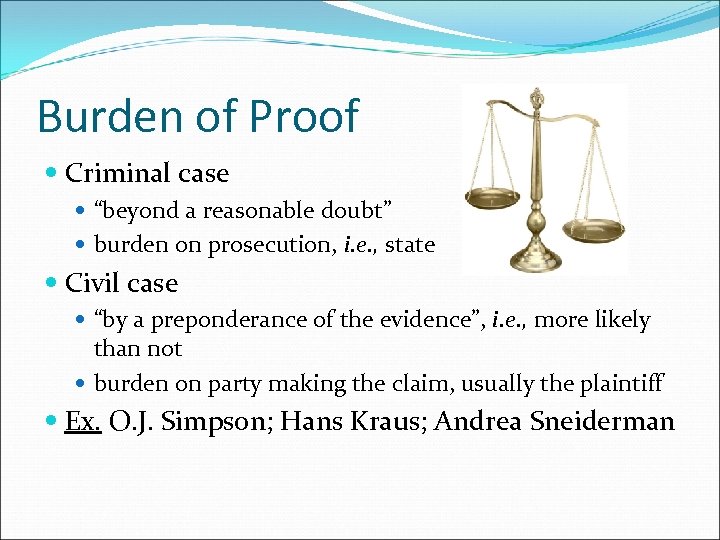 Burden of Proof Criminal case “beyond a reasonable doubt” burden on prosecution, i. e.