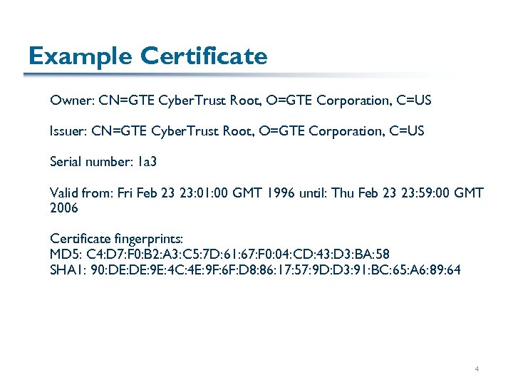 Example Certificate Owner: CN=GTE Cyber. Trust Root, O=GTE Corporation, C=US Issuer: CN=GTE Cyber. Trust