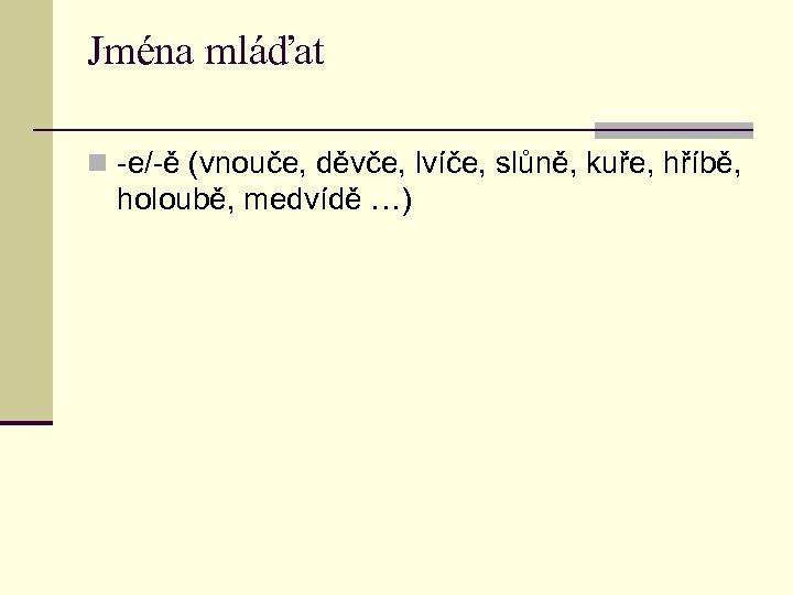 Jména mláďat n -e/-ě (vnouče, děvče, lvíče, slůně, kuře, hříbě, holoubě, medvídě …) 