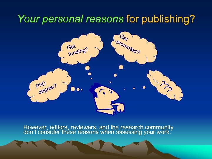 Your personal reasons for publishing? Get g? in fund Ph. D ree? deg Ge