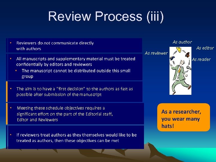 Review Process (iii) As author As reviewer As editor As reader • The aim