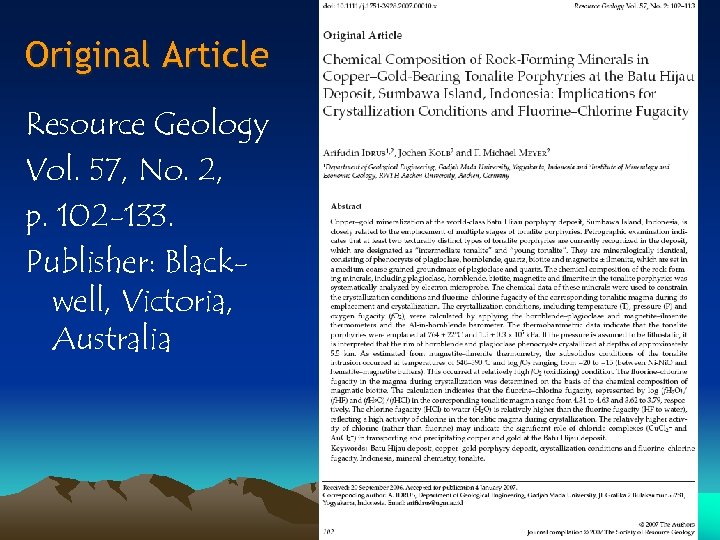 Original Article Resource Geology Vol. 57, No. 2, p. 102 -133. Publisher: Blackwell, Victoria,