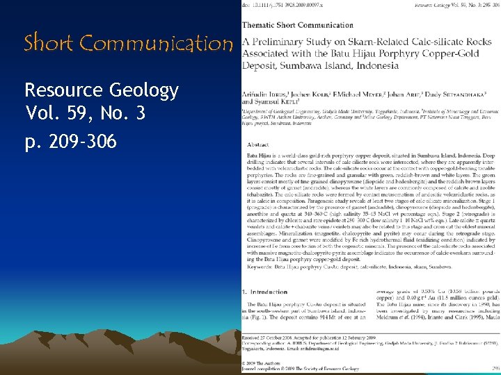 Short Communication Resource Geology Vol. 59, No. 3 p. 209 -306 