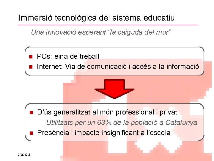 Immersió tecnològica del sistema educatiu Una innovació esperant “la caiguda del mur” PCs: eina