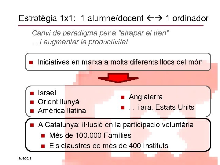 Estratègia 1 x 1: 1 alumne/docent 1 ordinador Canvi de paradigma per a “atrapar