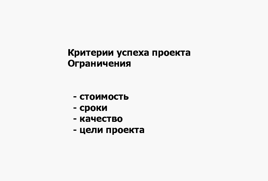 Критерии успеха проекта Ограничения - стоимость - сроки - качество - цели проекта 