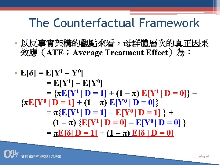 The Counterfactual Framework • 以反事實架構的觀點來看，母群體層次的真正因果 效應（ATE；Average Treatment Effect）為： • E[δ] = E[Y 1 –