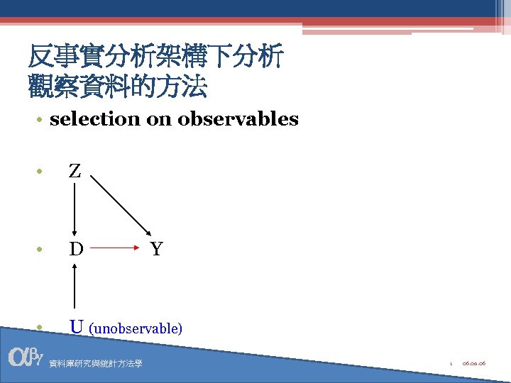 反事實分析架構下分析 觀察資料的方法 • selection on observables • Z • D • U (unobservable) 資料庫研究與統計方法學