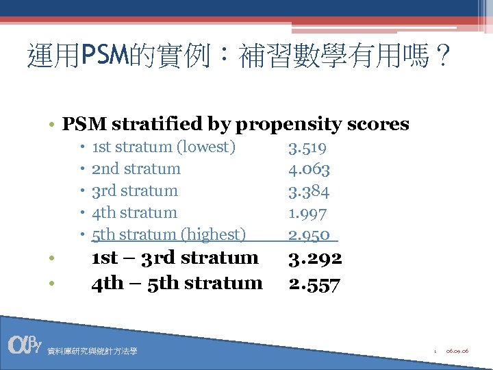 運用PSM的實例：補習數學有用嗎？ • PSM stratified by propensity scores • • 1 st stratum (lowest) 2