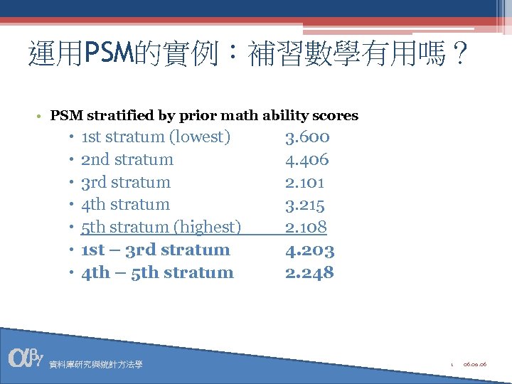 運用PSM的實例：補習數學有用嗎？ • PSM stratified by prior math ability scores 1 st stratum (lowest) 2