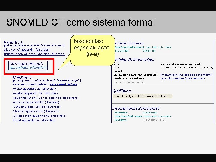 SNOMED CT como sistema formal taxonomias: especialização (is-a) 
