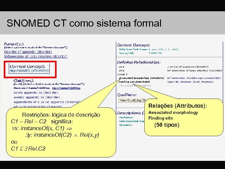 SNOMED CT como sistema formal Relações (Attributos): Restrições: lógica de descrição C 1 –