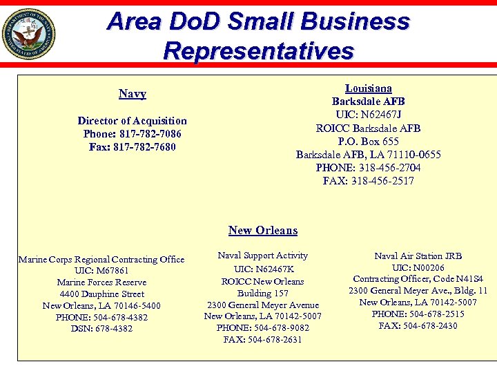 Area Do. D Small Business Representatives Navy Director of Acquisition Phone: 817 -782 -7086