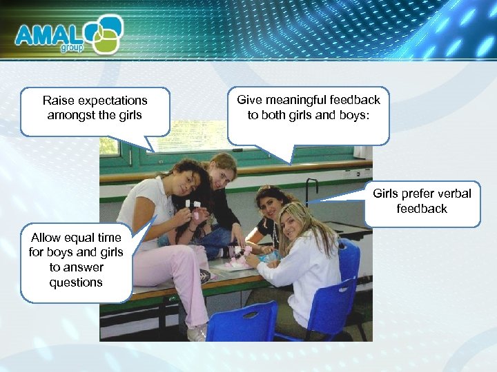 Raise expectations amongst the girls Give meaningful feedback to both girls and boys: Girls