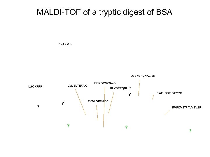 MALDI-TOF of a tryptic digest of BSA YLYEIAR LGEYGFQNALIVR LVNELTEFAK LSQKFPK HPEYAVSVLLR HLVDEPQNLIK ?