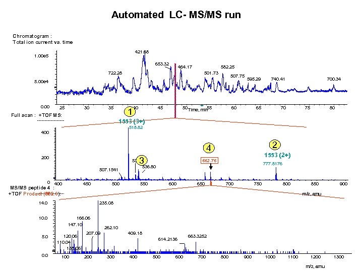 Automated LC- MS/MS run Chromatogram : Total ion current vs. time 421. 68 1.