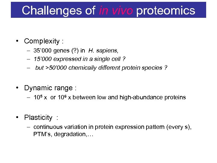 Challenges of in vivo proteomics • Complexity : – 35’ 000 genes (? )