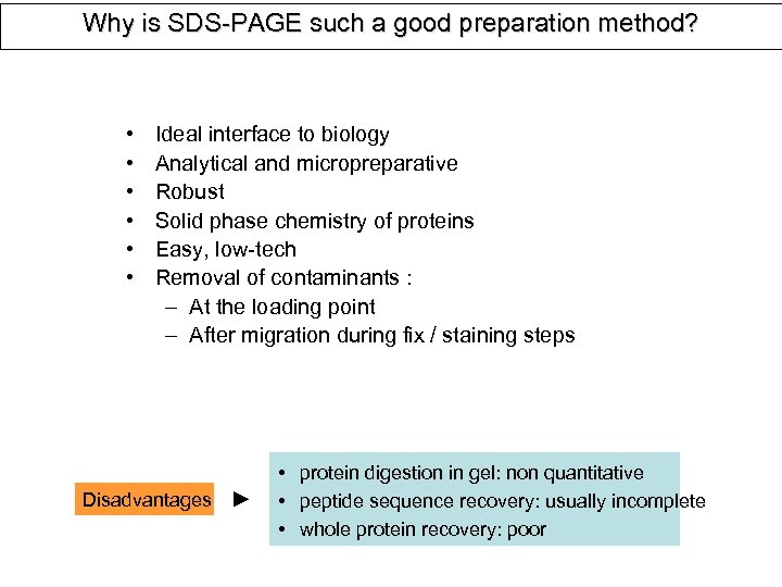 Why is SDS-PAGE such a good preparation method? • • • Ideal interface to