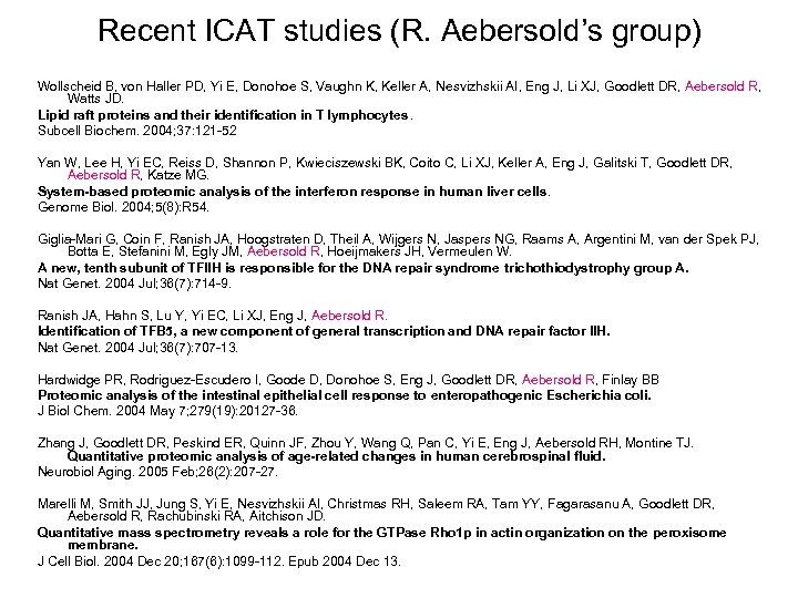 Recent ICAT studies (R. Aebersold’s group) Wollscheid B, von Haller PD, Yi E, Donohoe