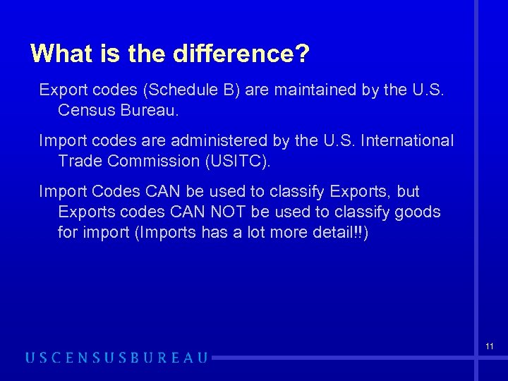 What is the difference? Export codes (Schedule B) are maintained by the U. S.