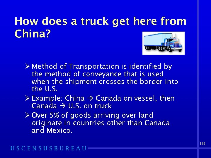 How does a truck get here from China? Ø Method of Transportation is identified