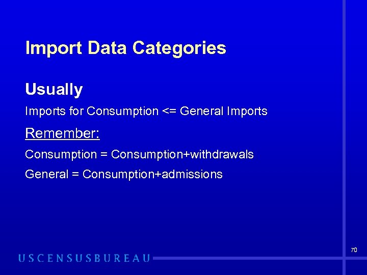 Import Data Categories Usually Imports for Consumption <= General Imports Remember: Consumption = Consumption+withdrawals