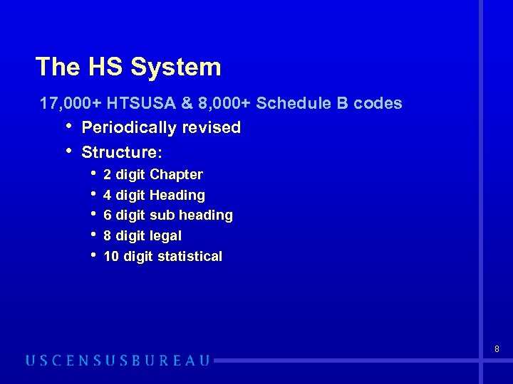 The HS System 17, 000+ HTSUSA & 8, 000+ Schedule B codes • Periodically