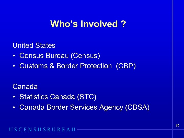 Who’s Involved ? United States • Census Bureau (Census) • Customs & Border Protection