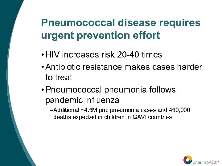 Pneumococcal disease requires urgent prevention effort • HIV increases risk 20 -40 times •