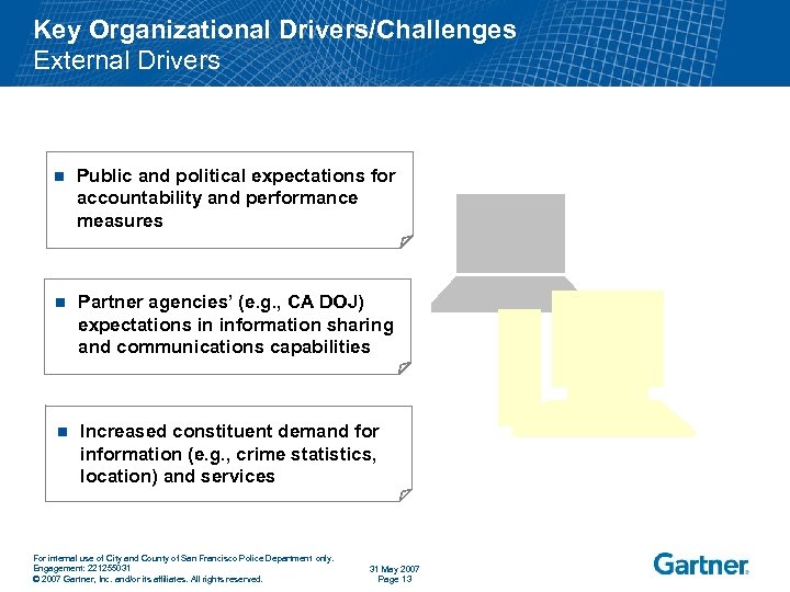 Key Organizational Drivers/Challenges External Drivers n Public and political expectations for accountability and performance