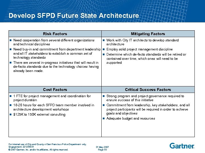 Develop SFPD Future State Architecture Risk Factors Mitigating Factors Need cooperation from several different