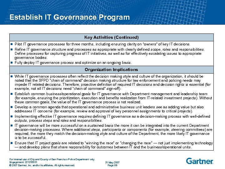 Establish IT Governance Program Key Activities (Continued) Pilot IT governance processes for three months,