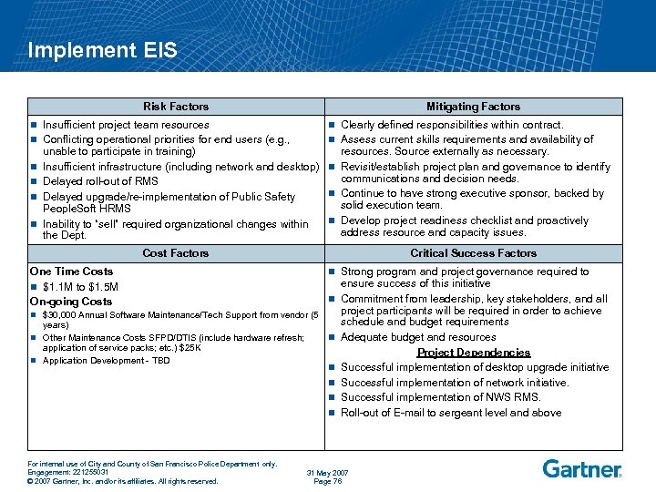 Implement EIS Risk Factors n n n Mitigating Factors Insufficient project team resources Conflicting