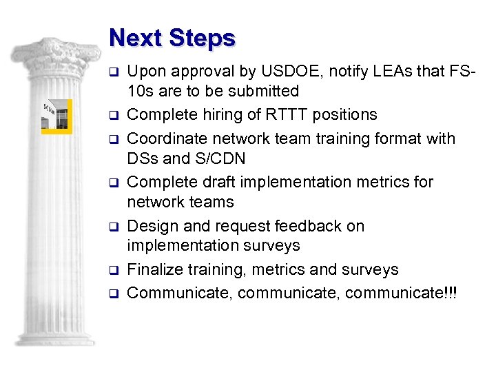 Next Steps q q q q Upon approval by USDOE, notify LEAs that FS