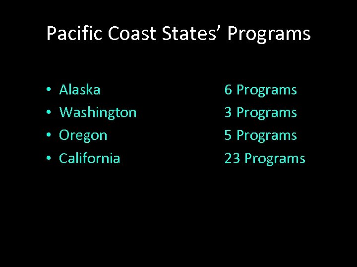 Pacific Coast States’ Programs • • Alaska Washington Oregon California 6 Programs 3 Programs