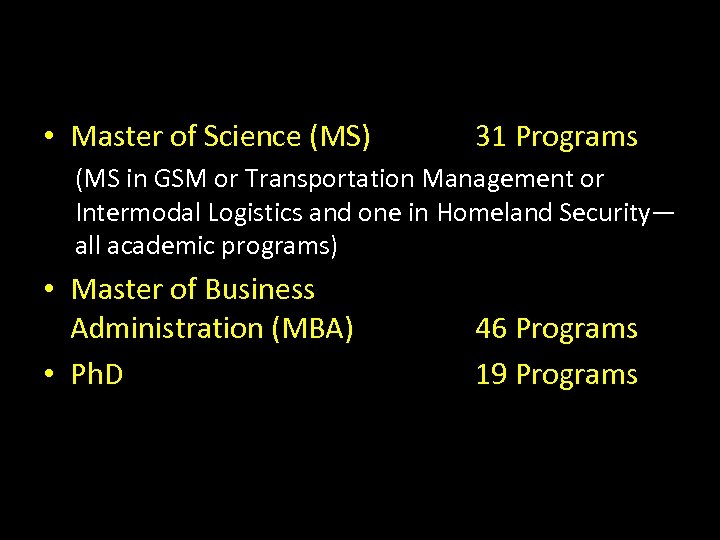  • Master of Science (MS) 31 Programs (MS in GSM or Transportation Management